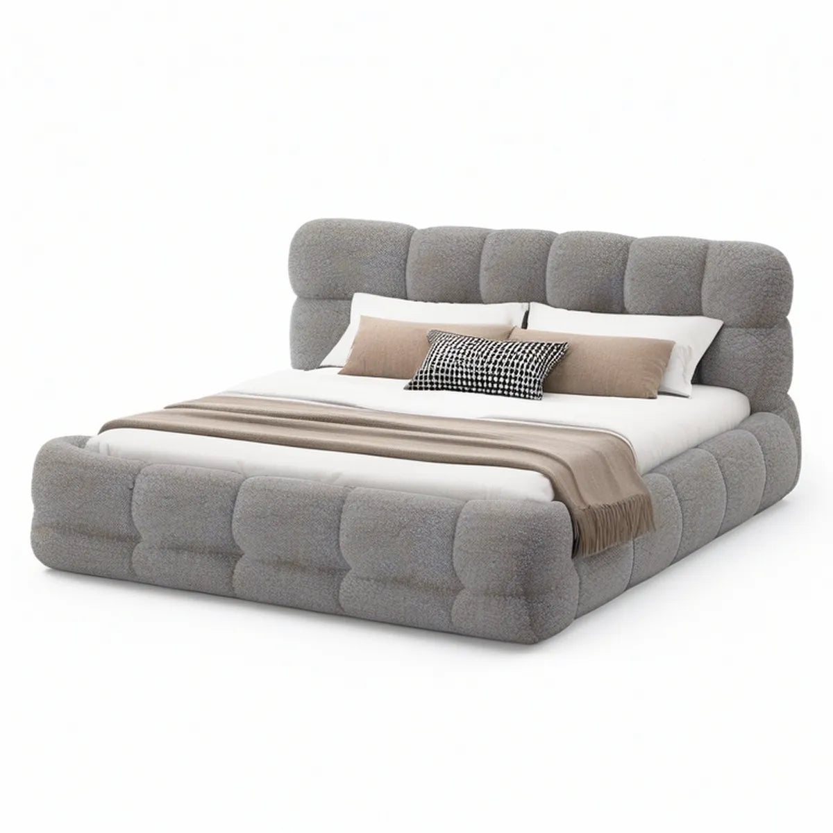 Gepolstertes Doppelbett 180 x 200 cm, Bouclé-Polyesterbezug Grau, Aussenmass 205 x 230 x 115 cm