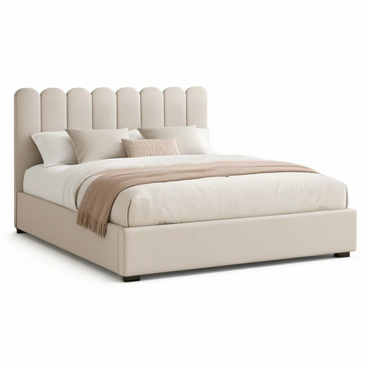 Polsterbett 180 x 200 cm mit abgerundetem Kopfteil aus Polyester, Creme