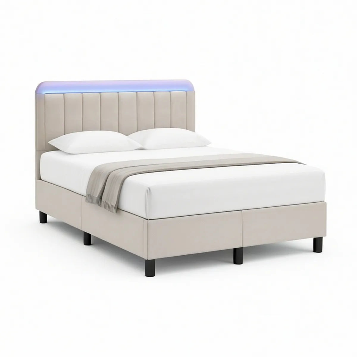 Gepolstertes Doppelbett mit LED-Kopfteil, 160 x 200 cm, Beige