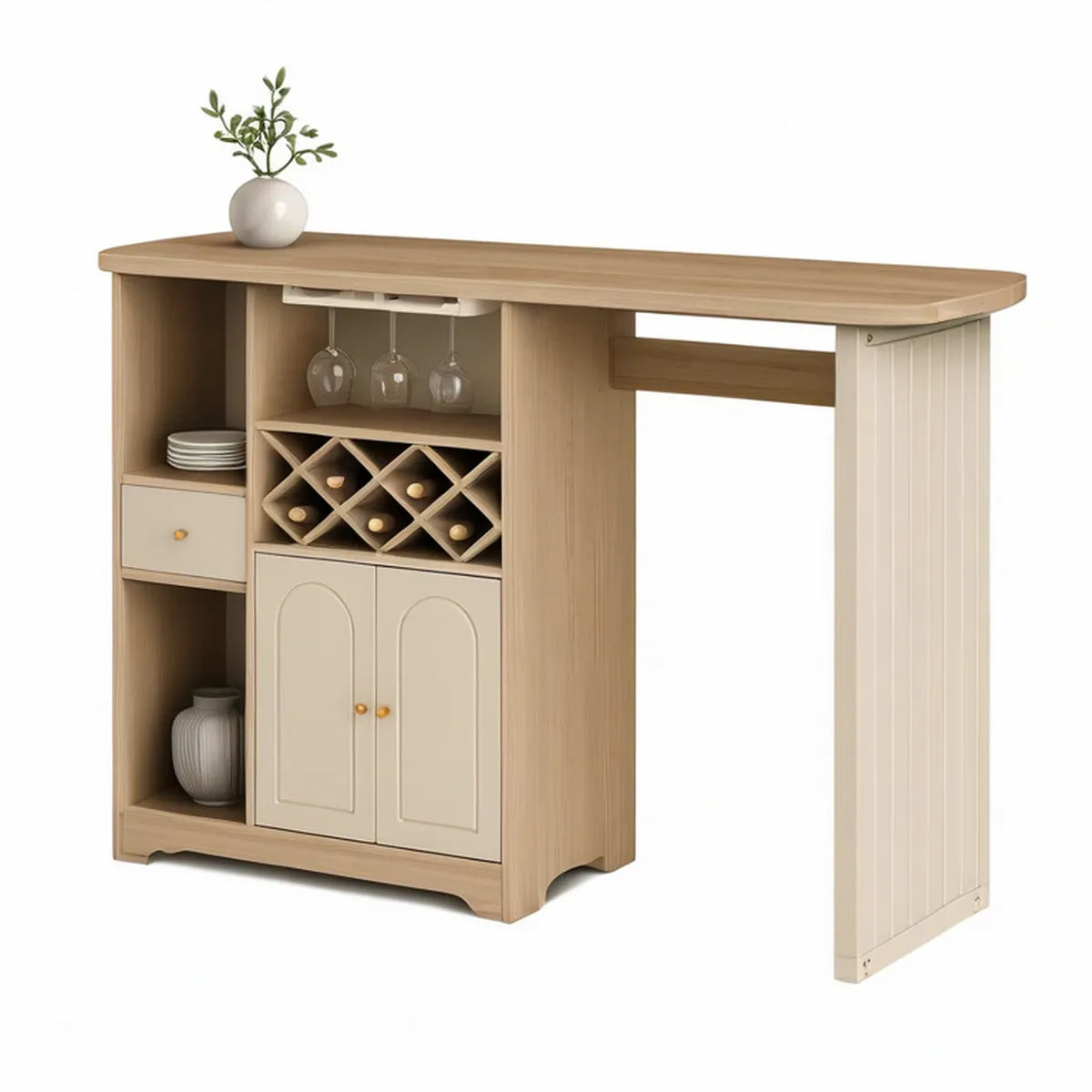 Barschrank mit ausklappbarer Bartheke, 120 x 40 x 105 cm, Eiche hell/Creme