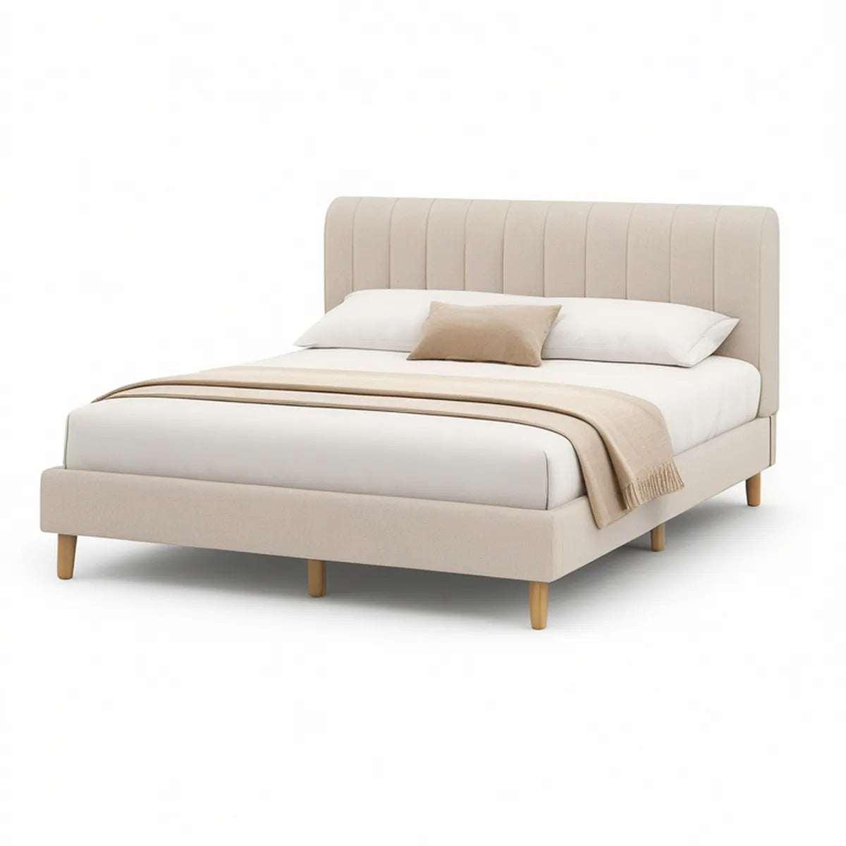 Gepolstertes Doppelbett 160 x 200 cm mit hohem Kopfteil, Beige