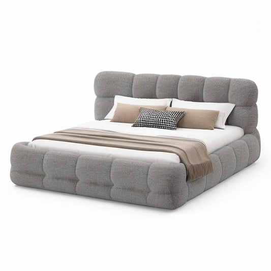 Gepolstertes Doppelbett 180 x 200 cm, Bouclé-Polyesterbezug Grau, Aussenmass 205 x 230 x 115 cm