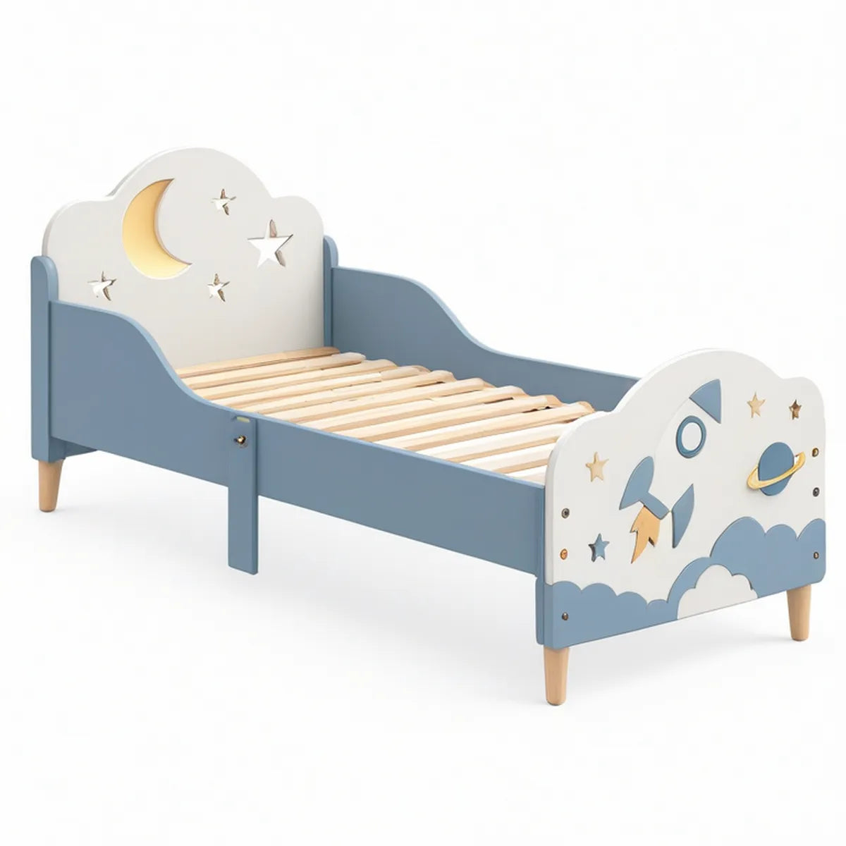 Kinderbett Mond und Rakete 140 x 70 cm aus MDF und Kiefernholz Blau/Weiss