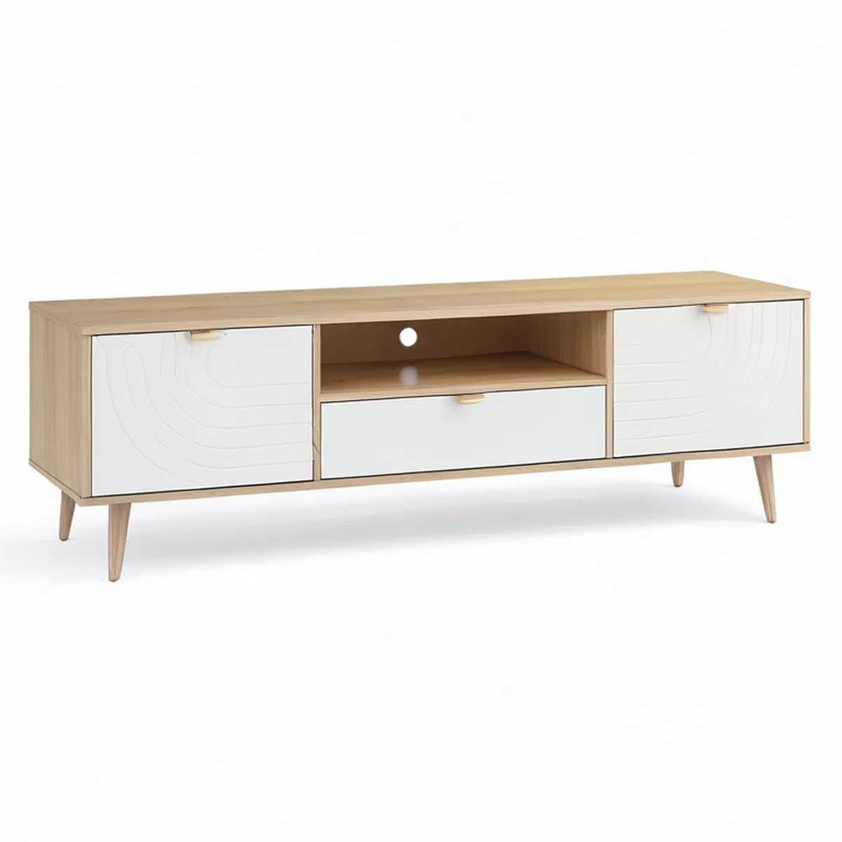 TV-Lowboard 180 × 40 × 55 cm mit 2 Türen, Schublade und offenem Fach, Eiche Natur/Weiss