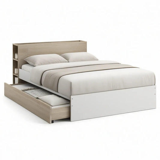 Doppelbett 160 x 200 cm mit Kopfteilablagen und Unterbett-Schublade in Weiss/Heller Eichenoptik