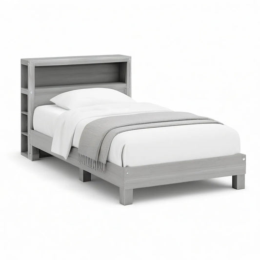 Einzelbett 90 x 200 cm aus massivem Kiefernholz mit Regal-Kopfteil, Grau