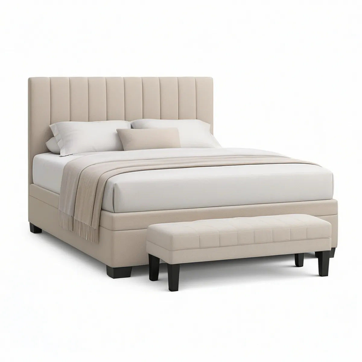 Gepolstertes Bettgestell mit Bank, Liegefläche 160 x 200 cm, Beige/Schwarz