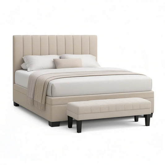 Gepolstertes Bettgestell mit Bank, Liegefläche 160 x 200 cm, Beige/Schwarz