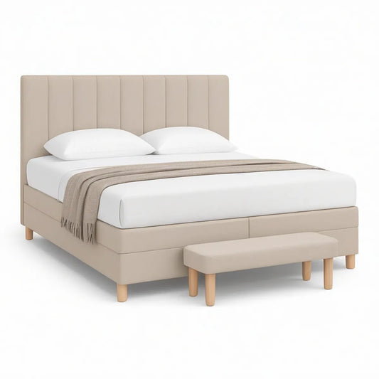 Beiges Polsterbett-Set mit Sitzbank, 160 x 200 cm, Naturholzfüsse