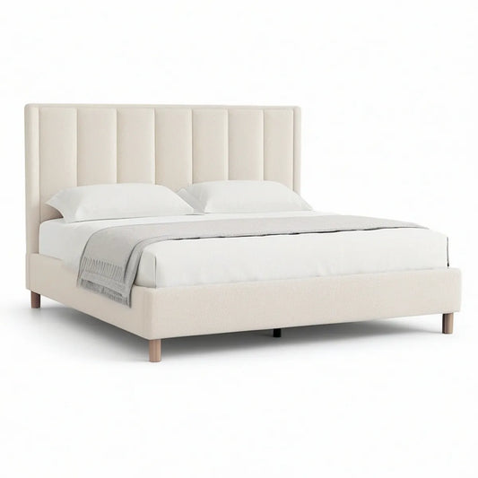 Gepolstertes Doppelbett 180 x 200 cm mit hohem Kopfteil, Cremeweiss