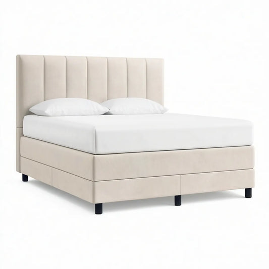 Gepolstertes Bettgestell 180 x 200 cm mit hohem Kopfteil, Beige/Schwarz