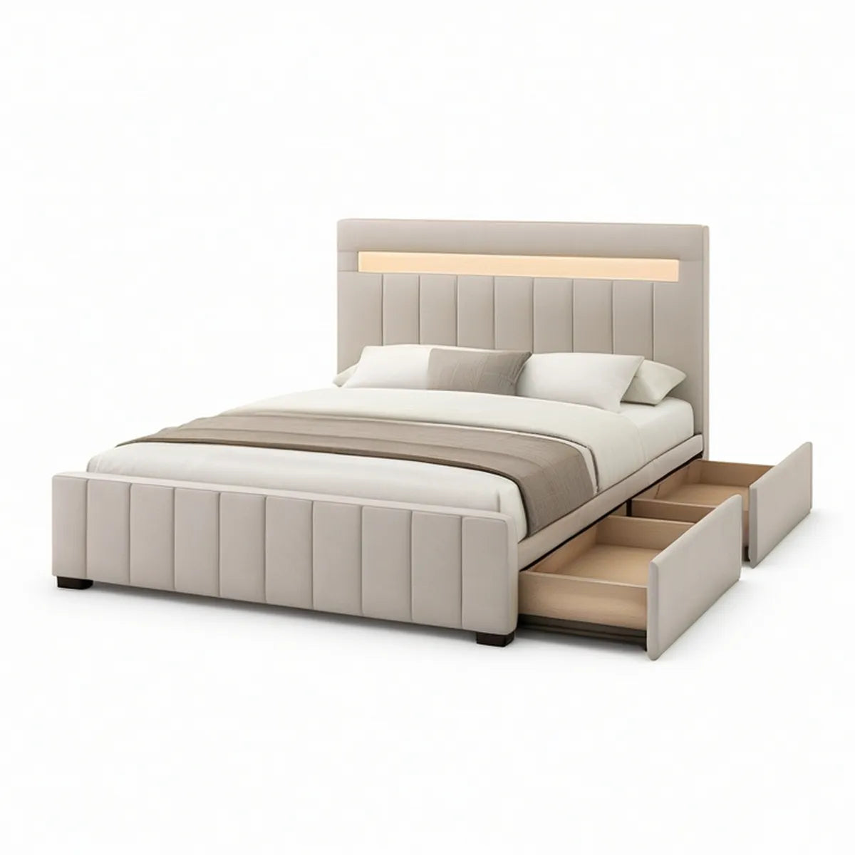 Polsterbett 180 x 200 cm in Beige mit LED-Kopfteil und 2 Schubladen
