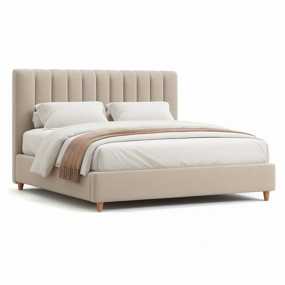 Gepolstertes Doppelbett 180 x 200 cm mit geripptem Kopfteil, Beige